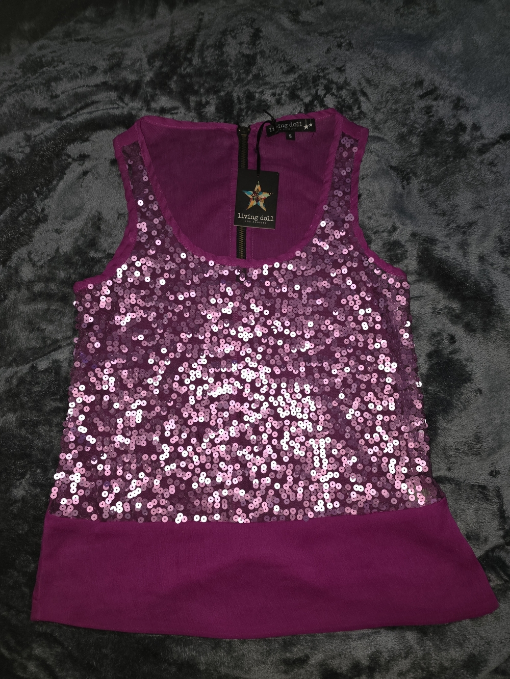 living doll Sheer Magenta Sequin Tank Top